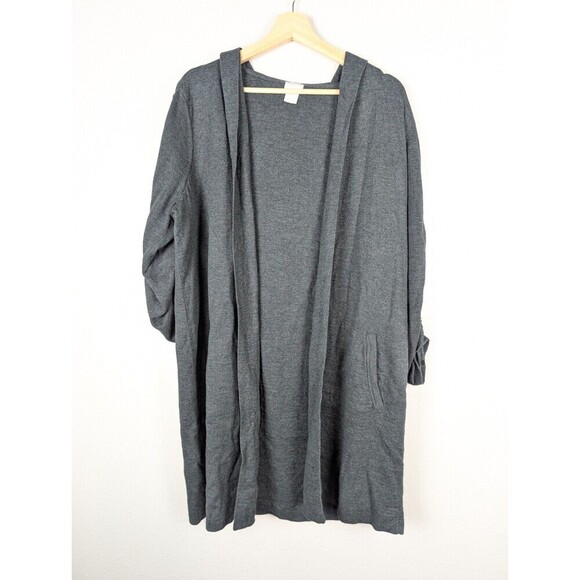 Chico's Gray Cotton Cashmere Blend Open Cardigan Hoodie Large - Picture 1 of 11